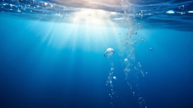 Underwater Sunlight: Bubbles Ascend in Deep Blue Ocean Depths