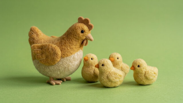 Needle felted wool sculpture of a hen and four chicks against a green background. Handmade textile art featuring soft plush farm animal crafts.