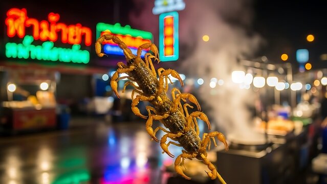 Exotic Street Food Delight: A close-up shot of crispy, fried scorpions on a skewer, a unique and adventurous street food delicacy, tempting the senses in a bustling night market setting.