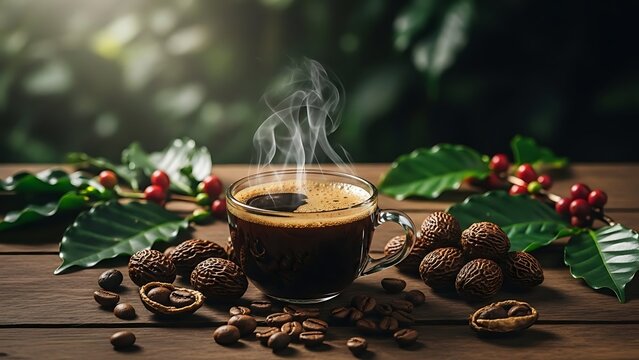 Steaming Brewed Coffee: A captivating overhead perspective of a freshly brewed coffee, aromatic steam rising gracefully from the clear glass, set amidst the elements of coffee bean and leaf.