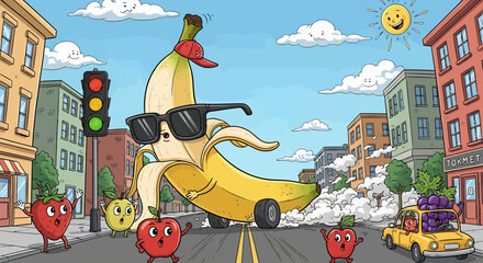 Naklejka premium Cool Banana Character Driving Car in City.