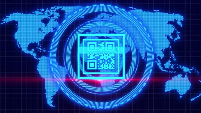 Futuristic Cyan Glowing Qr Code Being Scanned By A Horizontal Light Bar Against A Pixelated Blue World Map And Digital Grid. Circular Hud Interface Elements And A Prominent Red Lens Flare Create A Hig