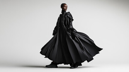 Naklejka premium Model walks in a flowing black dress showcasing fashion design in a studio setting during daytime hours