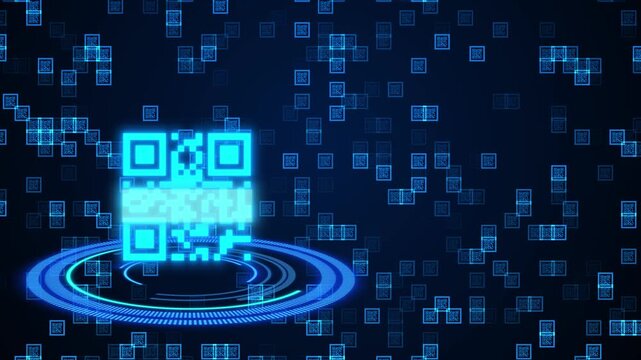 Futuristic Glowing Blue Qr Code Scanning On An Animated Circular Digital Platform With A Dark High-tech Background. Cyber Security And Digital Identity Concept Featuring Neon Light Effects And Floatin