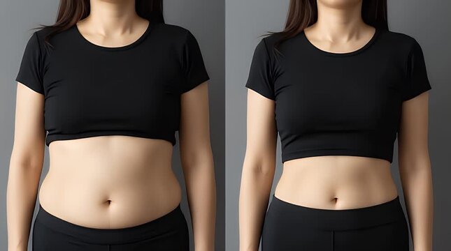 Side by side comparison showing significant body fat loss transformation focusing on the midsection and stomach area before and after results.