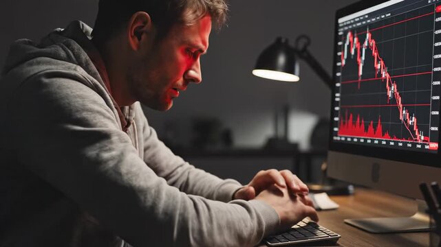 This captures a moment of stress and anxiety as a man sits at his desk, staring at a declining stock market graph on his computer monitor. The dark room and lamp create a somber atmosphere
