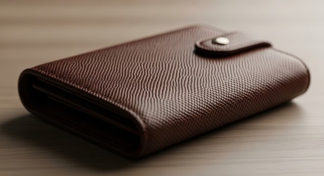 Brown leather wallet with textured surface and snap closure on wooden table