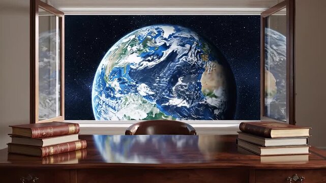 Open Window Revealing Earth from Space Above Desk with Books Symbolizing Knowledge and Global Perspective
