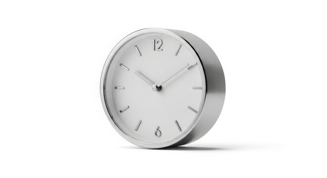 A sleek silver wall clock with a white face on a plain background, showing 10 o'clock