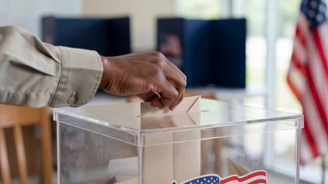 Black man dropping ballot envelope into transparent box during US election with American flag in the background, close up of the voter's hand and the box