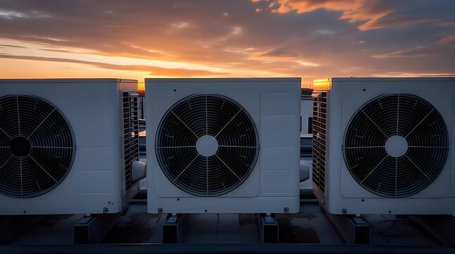3 white air conditioning units sit prominently on a building rooftop, illuminated by the vibrant hues of a breathtaking sunset, symbolizing modern urban infrastructure and climate control technology.