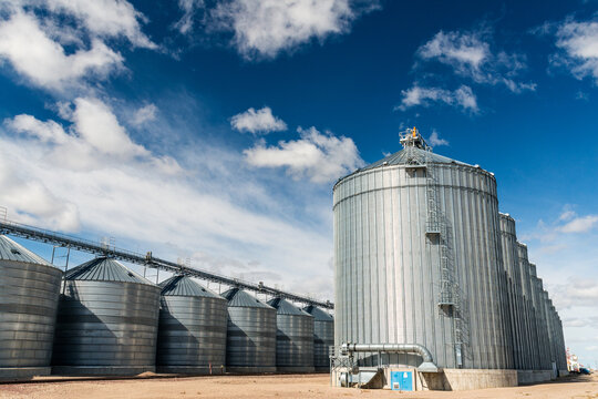 USA, MT, Fairfield.  Many large steel grain storage silos at rail terminal.