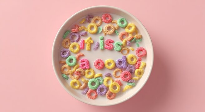 Bowl of colorful alphabet cereal spelling out Good Vibes.