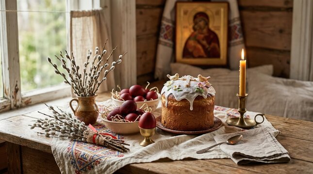 Traditional Orthodox Easter still life with pussy willow branches, kulich cake, red eggs, and a religious icon on a rustic wooden table