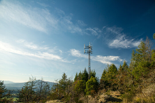 Canada, BC, Vancouver Island.  Cellular network antennae poking above forest canopy.