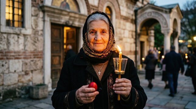 Elderly Orthodox Woman Holding a Lit Candle and Red Egg in Front of a Church During Easter Celebration