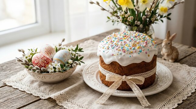 Traditional Easter kulich cake with sugar icing and colorful sprinkles, hand-painted eggs in a bowl, pussy willow, and yellow daffodils on a rustic wooden table near a window.