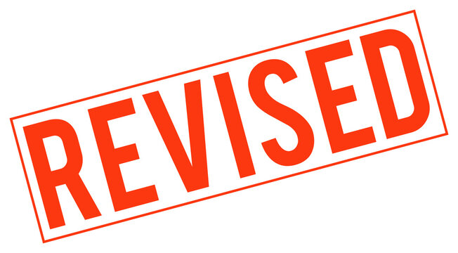 Red revised stamp text on transparent background