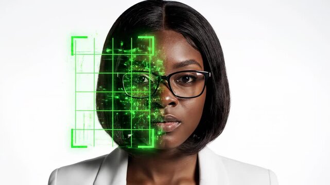 This shows a woman with glasses and a white blazer having her face scanned by facial recognition technology, illustrating modern security measures and biometric identification methods.