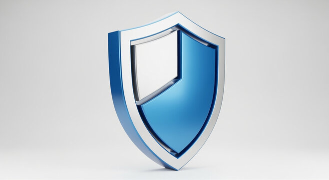 3D rendered blue and silver security shield icon on white