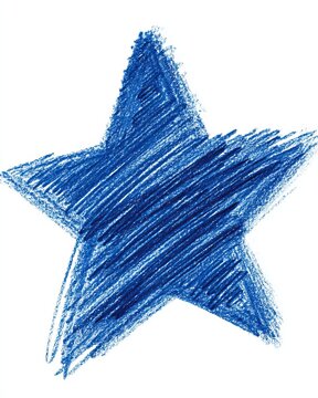 Hand-drawn blue star with crayon texture on white background.