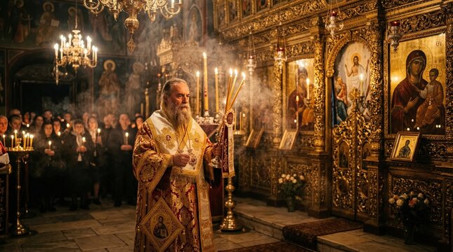 Orthodox Bishop in ornate gold vestments performing a Divine Liturgy in a candlelit church with incense smoke and icons.
