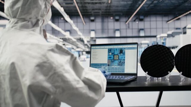 Assessing hardware fabrication, laptop software and engineer in automated microchip foundry. Designing semiconductor manufacturing plant layout, notebook and expert, camera B