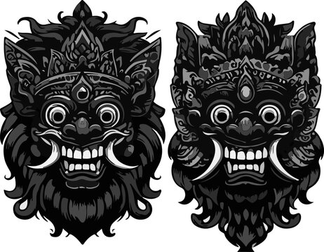 Set of Six Mythological Balinese Creature Masks Featuring Barong and Rangda Inspired Designs with Elaborate Ornaments and Fierce Expressions in Traditional Indonesian Style