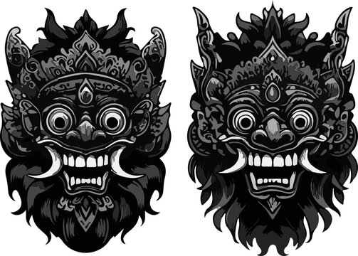 Set of Six Mythological Balinese Creature Masks Featuring Barong and Rangda Inspired Designs with Elaborate Ornaments and Fierce Expressions in Traditional Indonesian Style