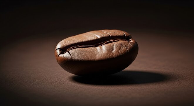 A single roasted coffee bean on a dark brown surface with a dramatic shadow, highlighting its texture and shape.