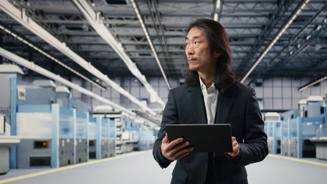 Microchip factory senior manager testing silicon wafer batches with tablet. Asian man in manufacturing plant monitors semiconductor machinery readouts with device, camera A