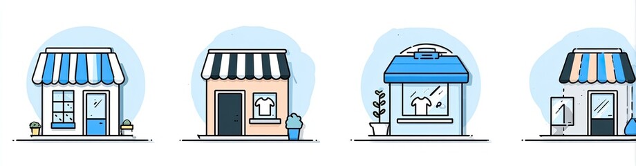 Fototapeta premium Four colorful flat icon illustrations of small retail shops with striped awnings