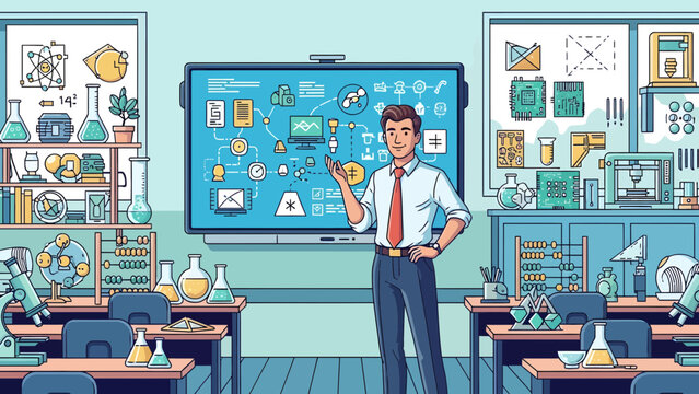 Young male teacher standing in front of a smart board in a classroom.