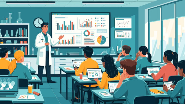 Diverse students engaged in a science lecture with a professor presenting data.