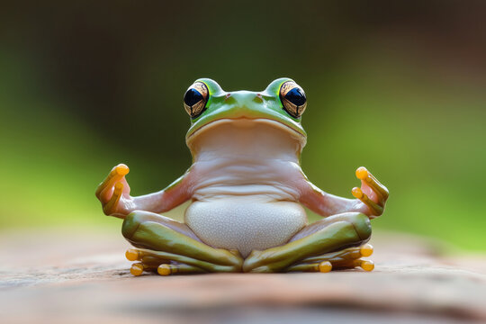 A green tree frog sits cross-legged in a meditative yoga position