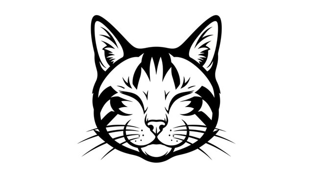 Black and White Graphic Cat Face Illustration, Stylized Feline Head with Stripes