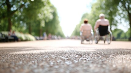 Obraz premium Elderly couple in wheelchairs enjoying a sunny day in a park with tree-lined pathways and blurred background of other visitors