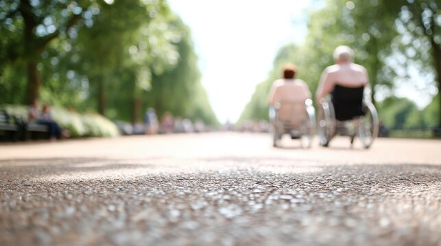 Elderly couple in wheelchairs enjoying a sunny day in a park with tree-lined pathways and blurred background of other visitors