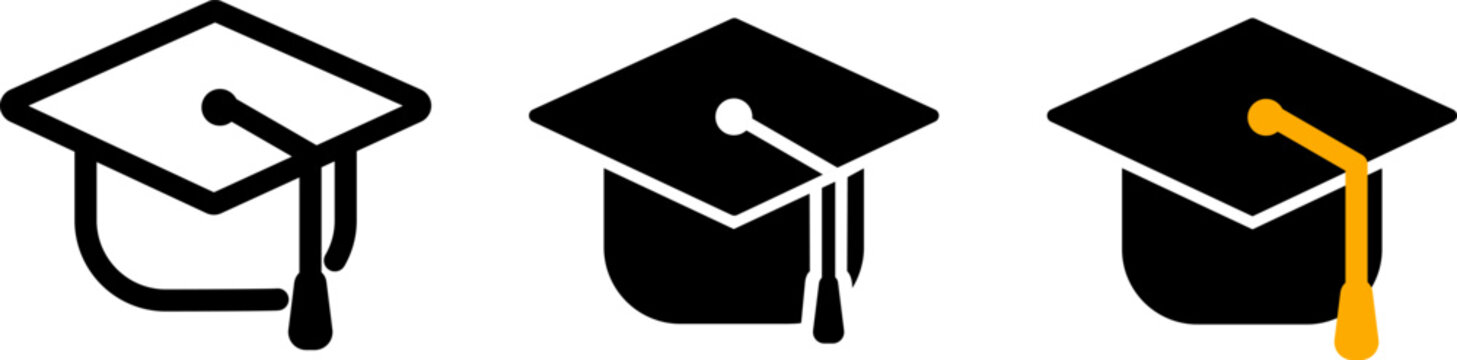 Academic Graduation Cap Icon Set Collection, Black and Gold Tassel Mortarboard Graphic, Education Achievement and University Degree Symbol Elements