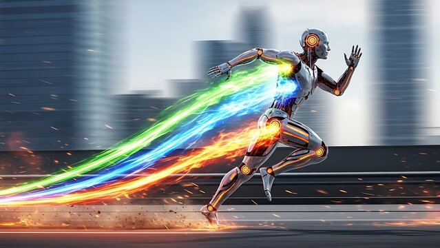 Speed of Innovation: A dynamic illustration showcases a futuristic android in full sprint, radiating vibrant energy trails, symbolizing rapid technological advancement.