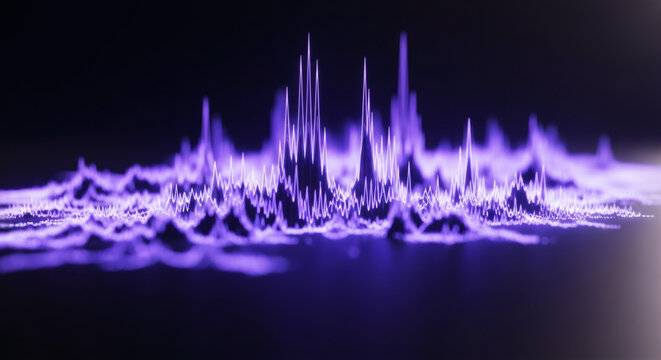 暗闇に浮かぶネオンパープルの磁性流体スパイク 音声波形やデータ可視化の抽象背景 テクノロジー