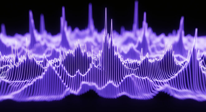 近未来的なパープルのサウンドイコライザー 3D波形 データビジュアライゼーション 抽象背景