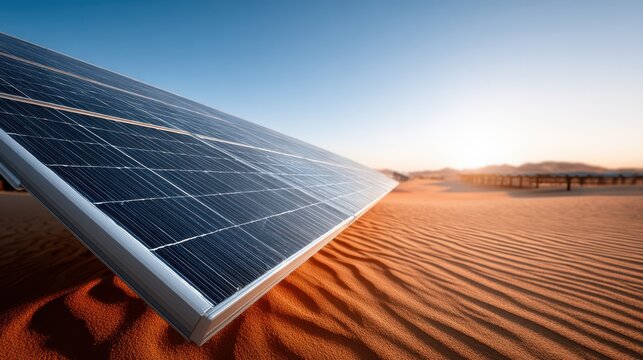 Ground level view of solar panels in a desert landscape, showcasing renewable energy technology against a clear blue sky at sunset