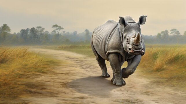 Majestic rhinoceros charging along a dusty savannah road under a hazy sky