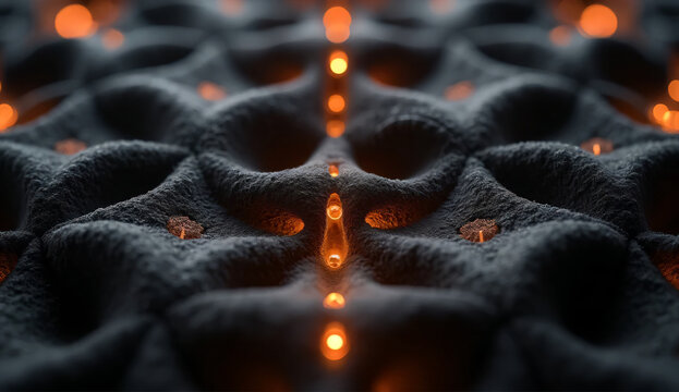 Extreme Macro of a Futuristic Acoustic Metamaterial - Dark Charcoal Felt Fractal Surface with Warm Amber LED Lighting