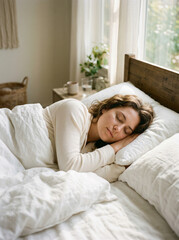 Obraz premium Relaxed woman resting in bed in cozy sunlit bedroom