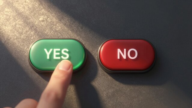 A hand pressing a green "YES" button next to a red "NO" button on a metallic surface. Decision Making and Choice Concept
