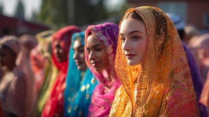 Fototapeta premium Golden light, veiled beauty, a captivating gaze.