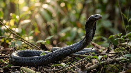 Fototapeta premium Black snake in forest habitat coiled.