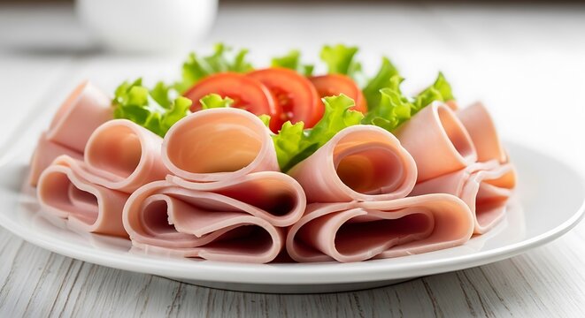 Rolled ham slices with lettuce and tomato garnish on a white plate deli meat cold cuts ready to eat food presentation lean meat sliced meat processed mea